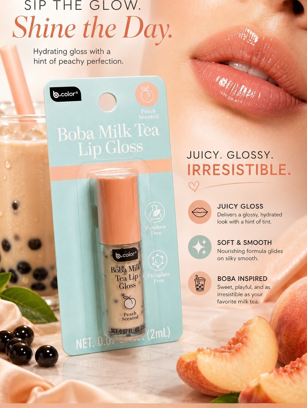 PEACH BOBA MILK TEA SCENTED LIP GLOSS BY B.COLOR PARABEN FREE NET WT. 0.07 FL.OZ